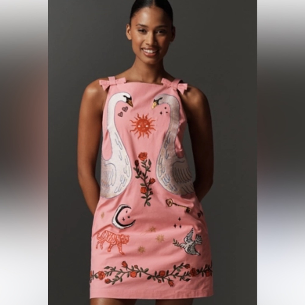 Maeve Pink Swan Embroidered Mini Dress